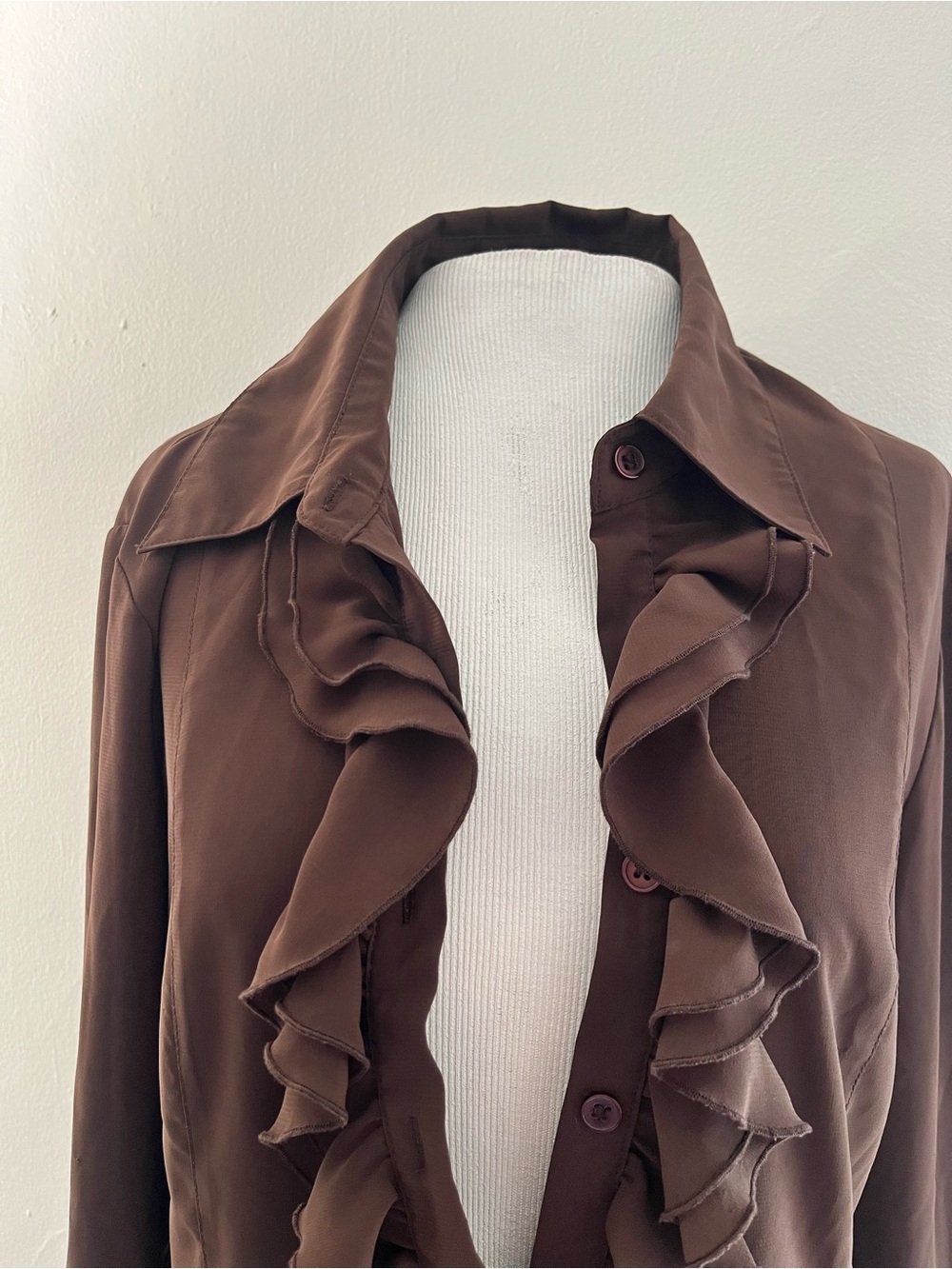 Spense Brown Ruffle Front Button-Down Blouse - Picture 2 of 5